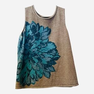 Vintage Susan Bristol Knit Sweater Vest Tan Teal Blue Flower Granny Art Size XL